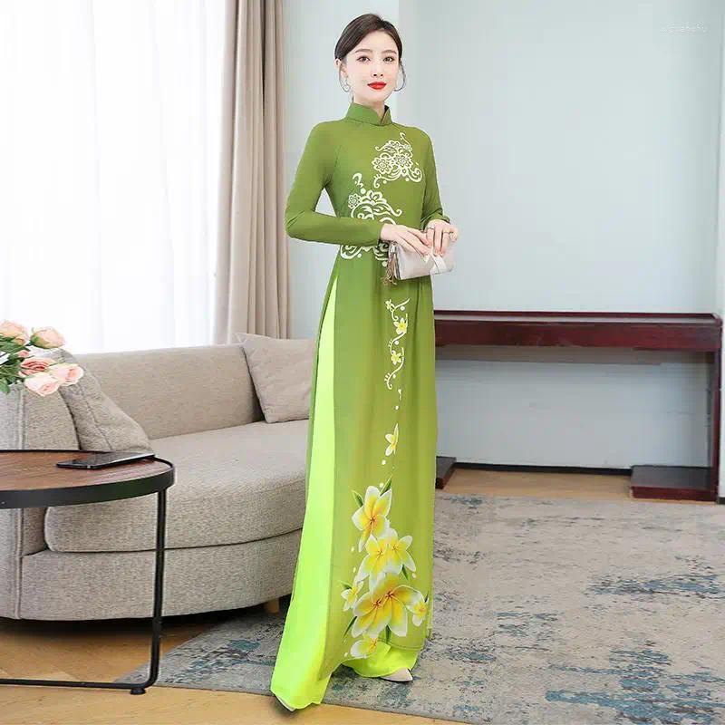 Ethnic Clothing 2024 Women Traditional Dress Vieam Ao Dai Cheongsam Dresses Green Aodai Suit Elegant Party
