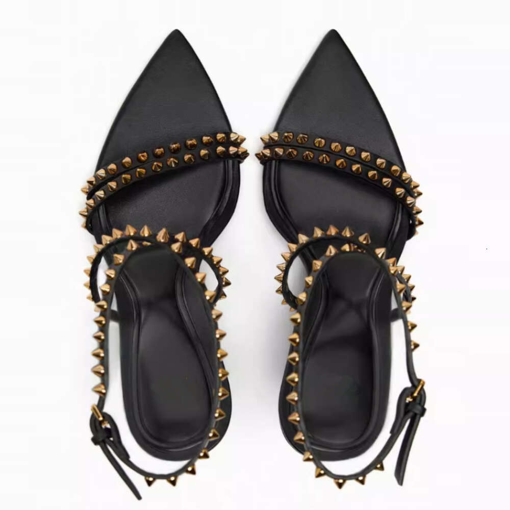 European And American Summer Versatile Slim High Heeled Pointed Shoes, Women's Fashionable Rivet Cross Buckle Sandals