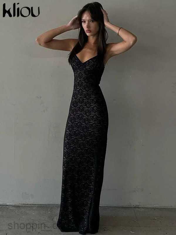 Basic Casual Dresses Kliou Mesh Hollow Out Maxi Dress Women Hipster Elegant Strap Body-shaping Trend Robe Female High Street Party Vestido