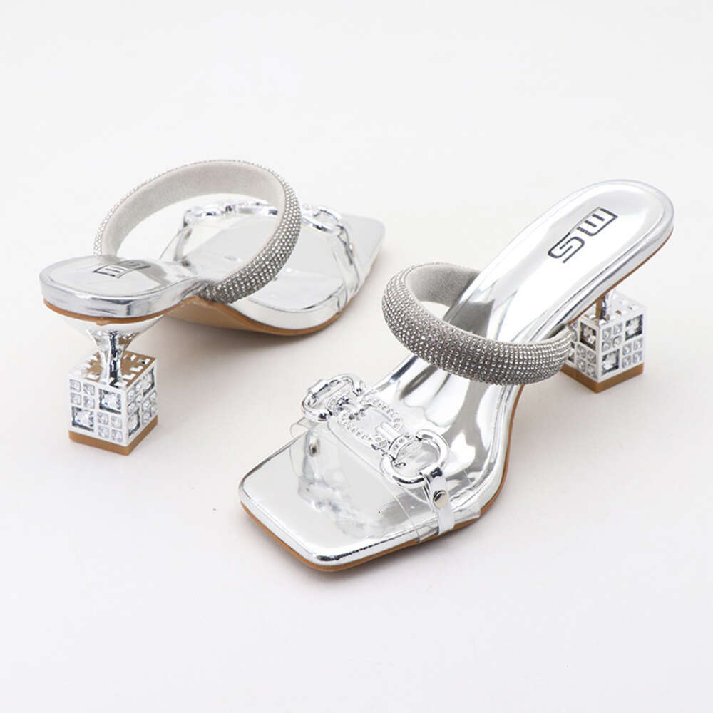Xibeilove Womens Slippers 2024 Summer Transparent Belt Metal Decoration Box Shaped Square Irregular High Heels Wearing Sandals