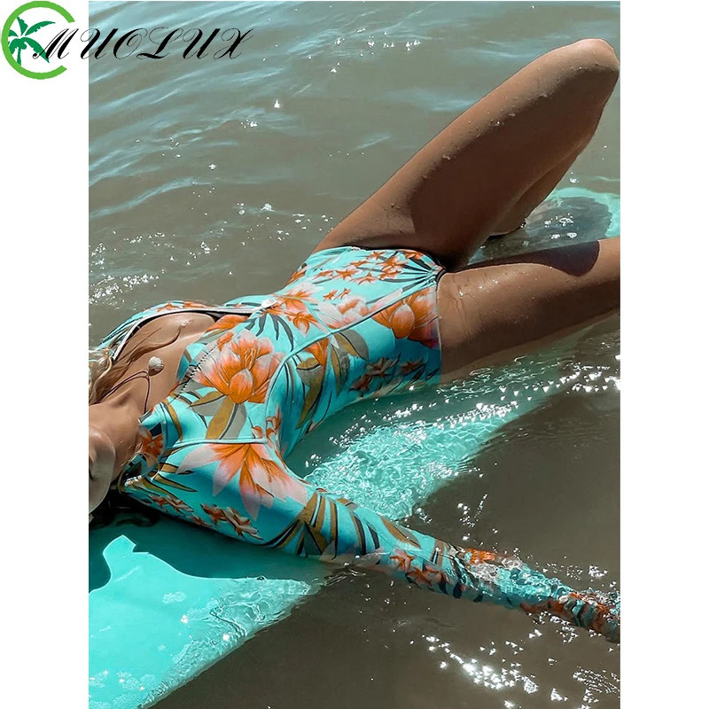 MUOLUX One Piece Swimwear Women Swimsuit bikini Floral Print Long Sleeves Rash Guard Surfing Monokini Bathing Suit Beach 240618