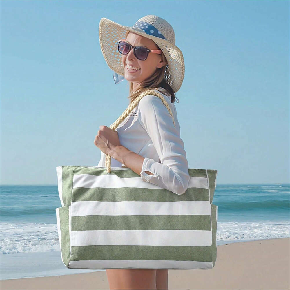 Striped Canvas Summer Beach Large Capacity Shopping Bag, Fashion Tote Bag For Travel,Ideal for Beach, Travel, & Camping H6.19#21.9 ddmy e2c0