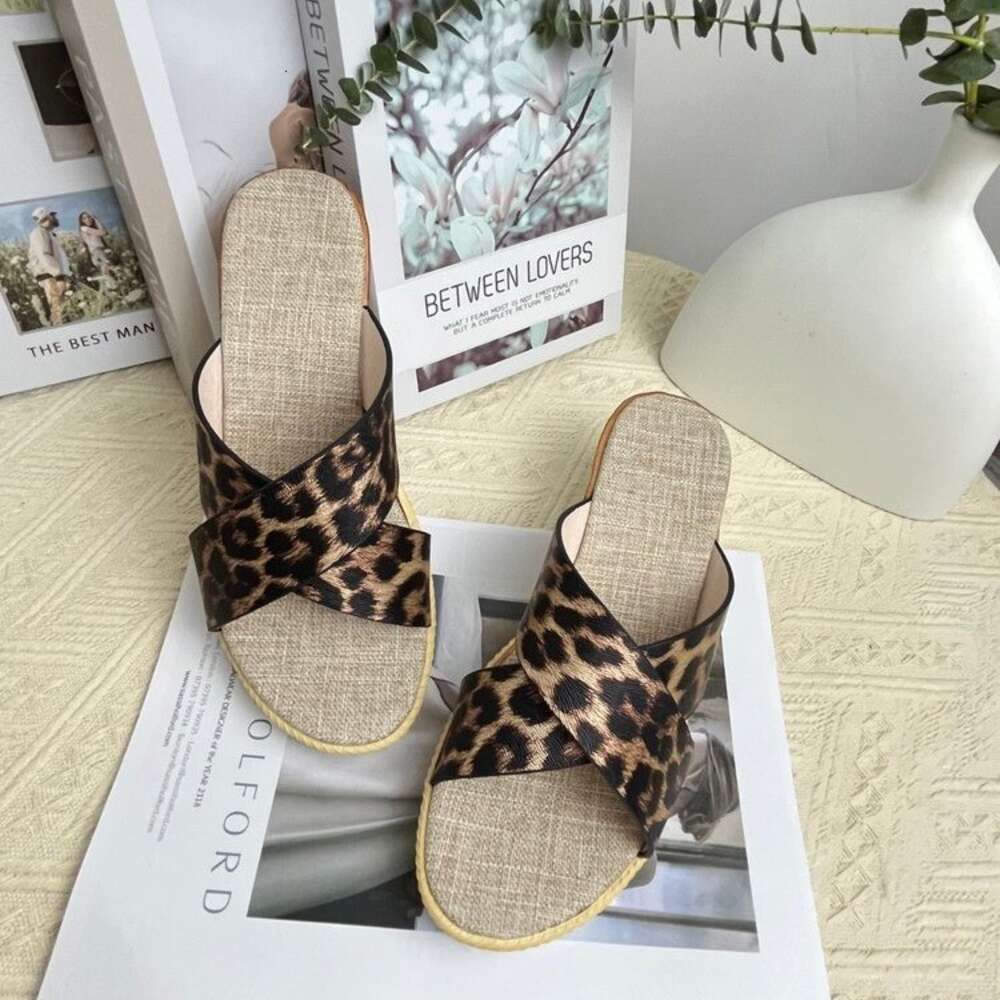 Size Summer Large New Women S Leopard Pattern Lazy Sexy Slope Heel Fish Mouth Slippers Ddmysaturn