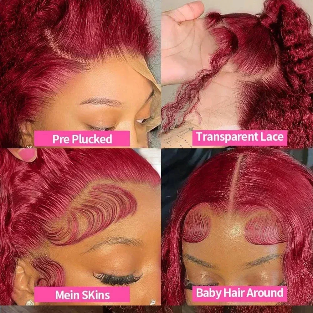 13x4 HD Brazilian 99J Bury Deep Wave Front Human Hair 250 Density Curly 30 40 Inch Synthetic Lace Frontal Wig Red Wine for Women