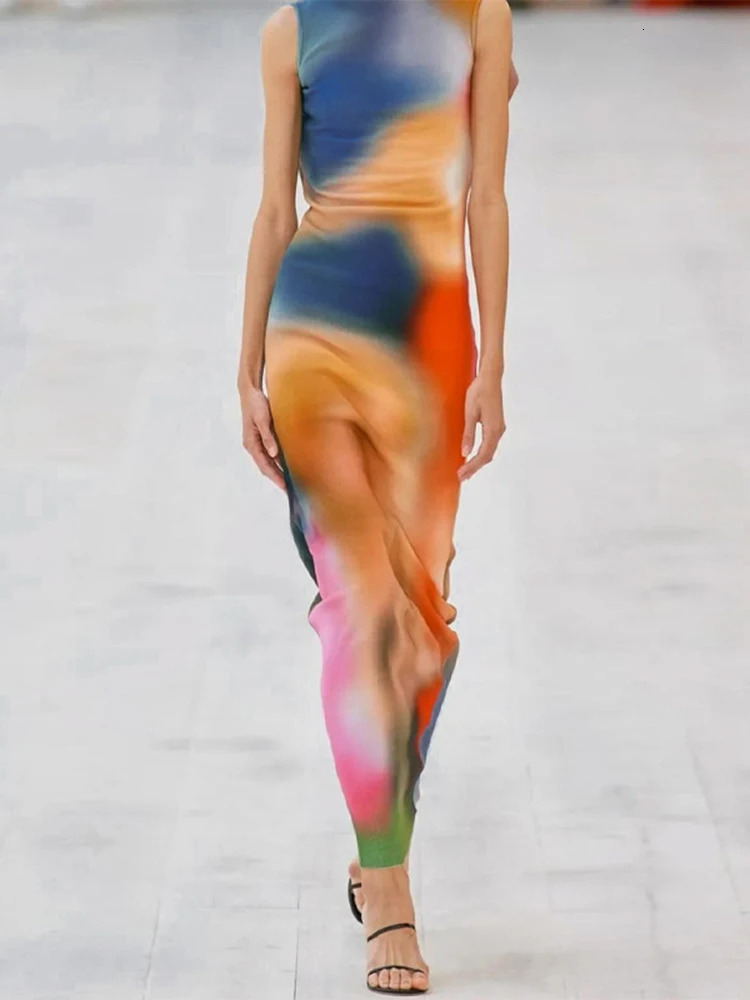 Hugcitar Tie Dye Print Ribbed Midi Dress For Women Summer Outfits Bodycon Side Slit Y2K Outfits Sexy Streetwear Long Dress 240615