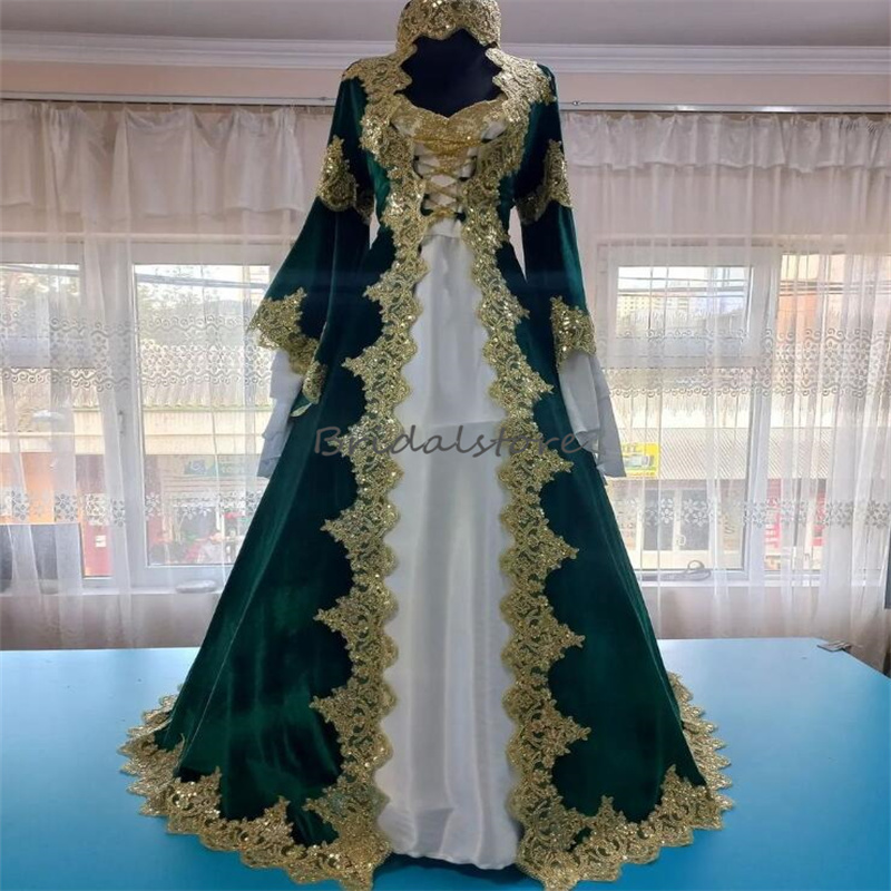 Muslimah Abaya Green Evening Dress 2024 Turkish Prom Dress Long Sleeve Nation Formal Dubai Moroccan Kosovo Vestio De Novias Engament Gold Appliques Fo