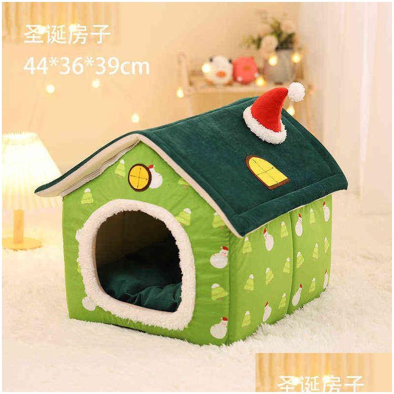 Dog Houses Kennels Accessories Christmas Cat House Kennel Puppy Cushion Small Dogs Cats Nest Winter Warm Slee Pet Bed Mat Supplies Dhwgz