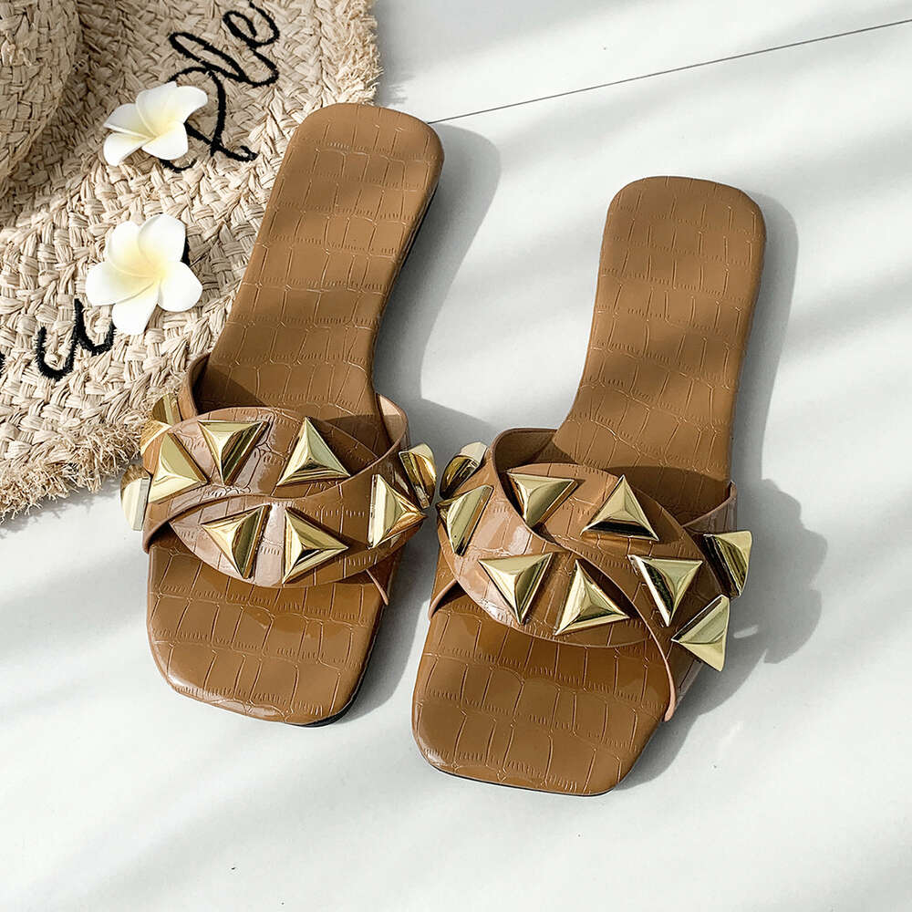 Summer Large Size New Women S Fashion Rivet Square Head Instagram Style Flat Bottom Slippers Ddmysaturn