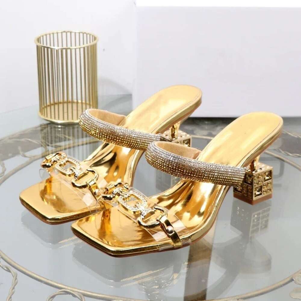 Xibeilove Womens Slippers 2024 Summer Transparent Belt Metal Decoration Box Shaped Square Irregular High Heels Wearing Sandals