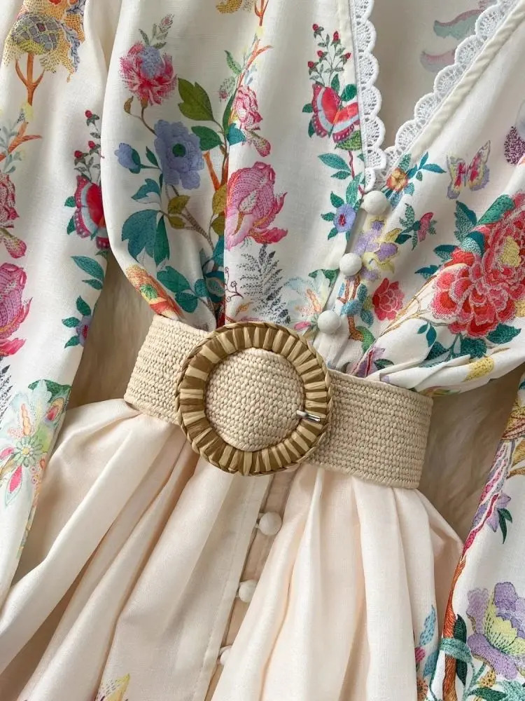 Spring Summer Floral Holiday Maxi Dress Womens Linen V Neck Long Lantern Sleeve Sashes Lace Trims Embroidery Robe Vestidos 240618