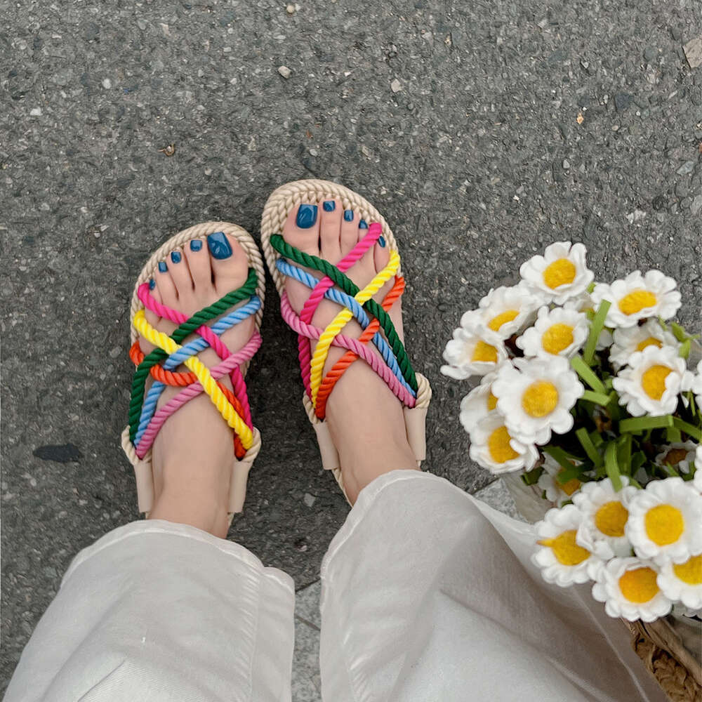 Summer Large Size New Women S Rainbow Dopamine Small Fresh Knitted Rope Sandals Ddmysaturn