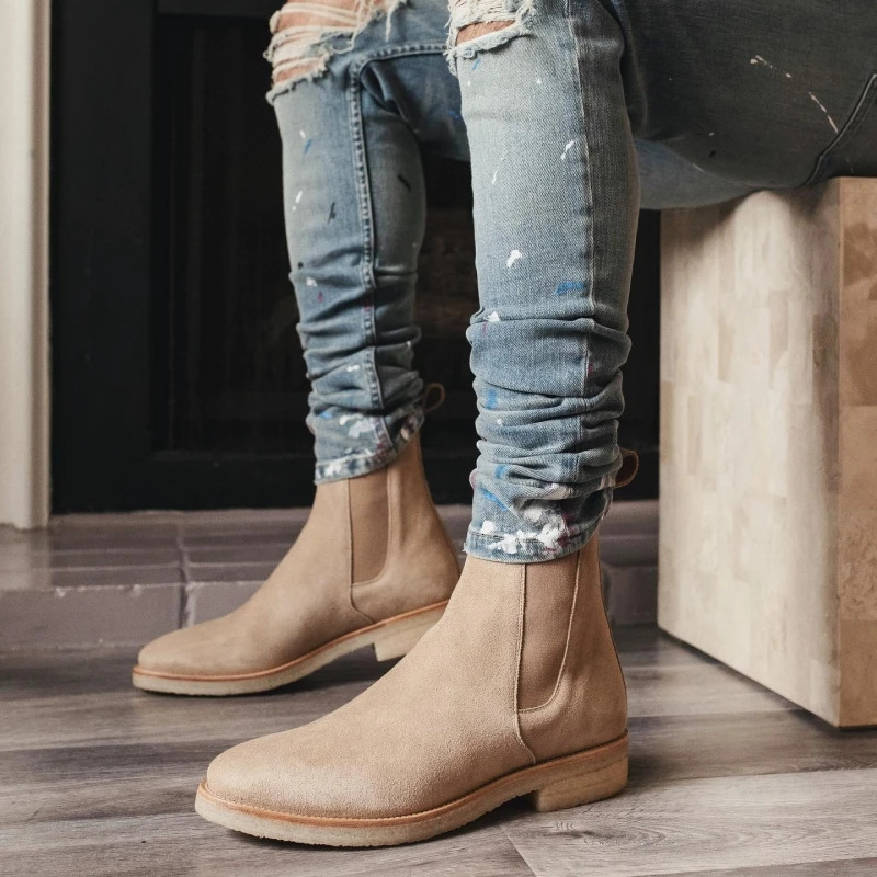 Lover's Genuine Leather Chelsea Boots Cow Suede Women Men Round Toe Slip-On Business Short Boots Size 35- Ankle Leather Boots 240619