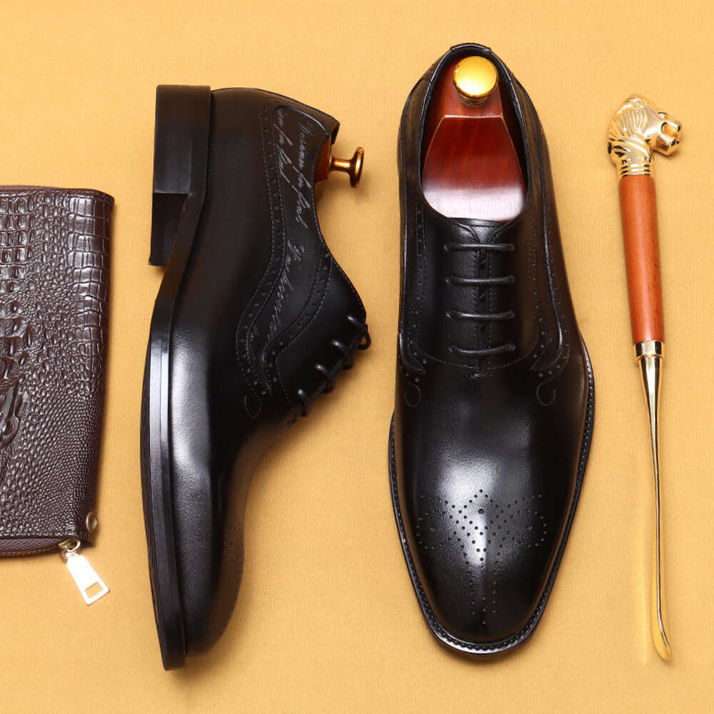 Leather Genuine Pointed Hand Painted Men S Shoes Business Dress Pointed Carved Block Oxford Ddmysaturn