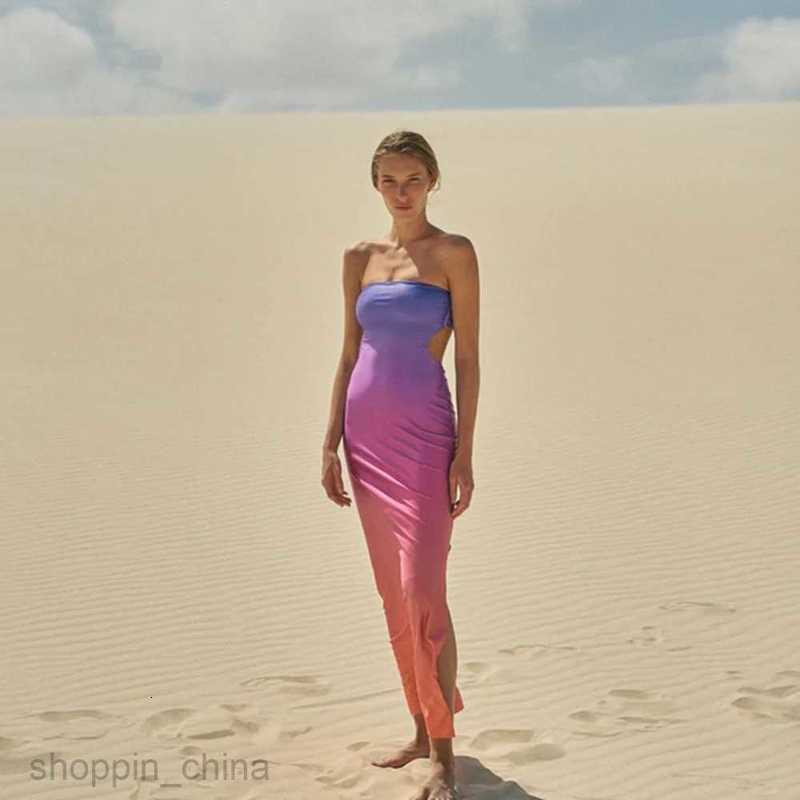 Basic Casual Dresses Combhasaki Womens High Street Casual Cutout Tube Tops Dress Fashion Gradient/Solid Color Off-shoulder Skinny Slit Long Sundress