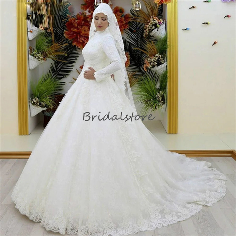 Elegant Muslim Islamic Wedding Dresses Long Sleeve High neck A Line Lace Church Bridal Gowns Arabic Country Bride Dress 2024 vestidos de novia de tall