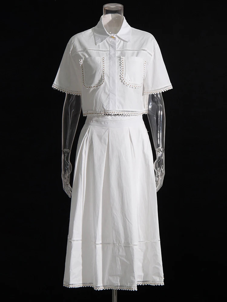 TWOTWINSTYLE Solid Summer Two Piece Sets For Women Lapel Short Sleeve Tops High Waist A Line Skirt Slim Set Female Fashion 240618