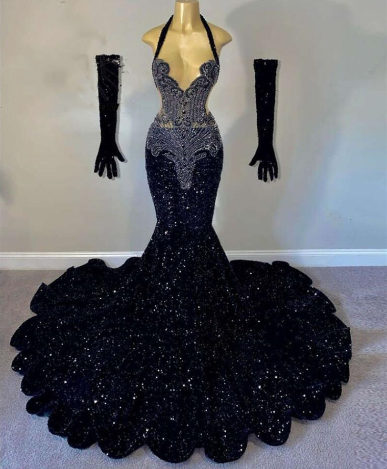 Prom Halter Long Dress For Black Girls Beaded Crystal Dia Birthday Party Dresses Sequined Evening Gown With Gloves Robe 0619 Es