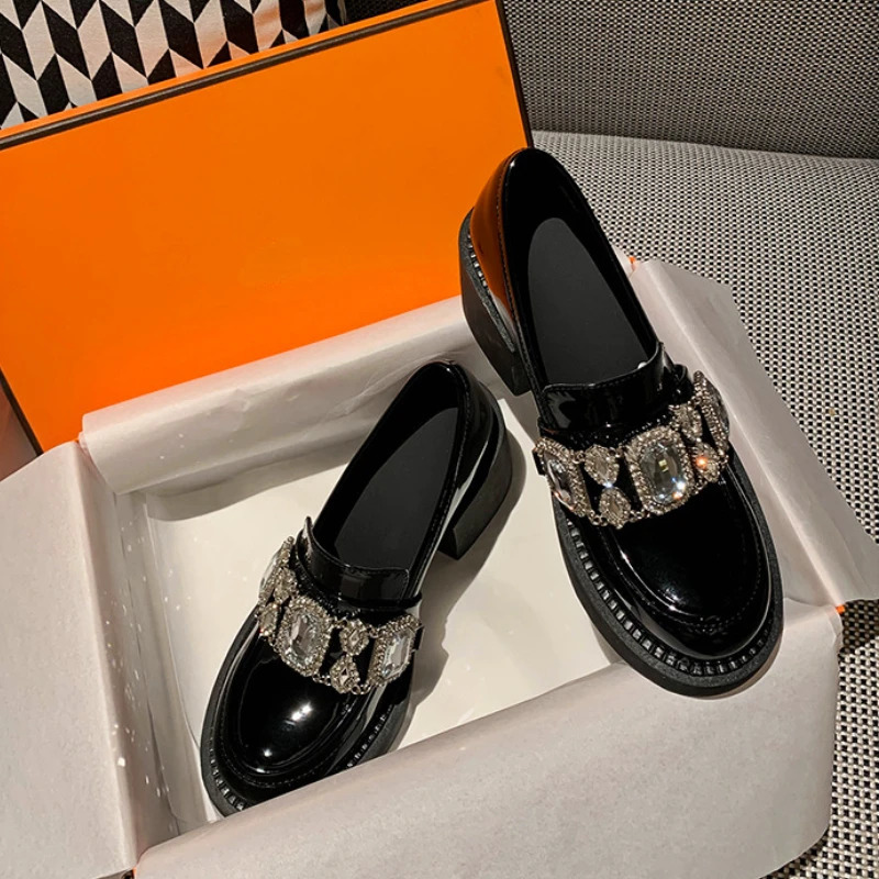 Rhinestone Platform Mary Jane Shoes Women Pumps Black Thick Bottom Loafers JK Uniforms Fashion Crystal Chunky Loafers Female 240619