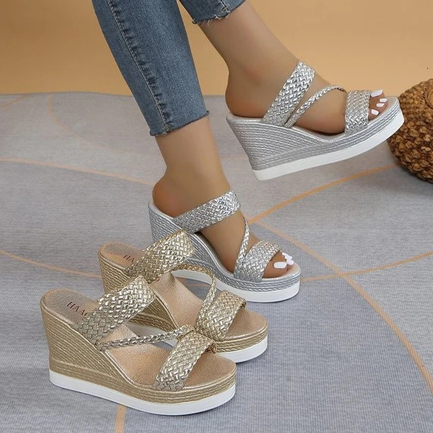 Womens Slipper Slides Women Wedge Sandals Summer Pump Fashion Pearl Rhinestone Platform Casual Ladies High Heels Slippers 240619