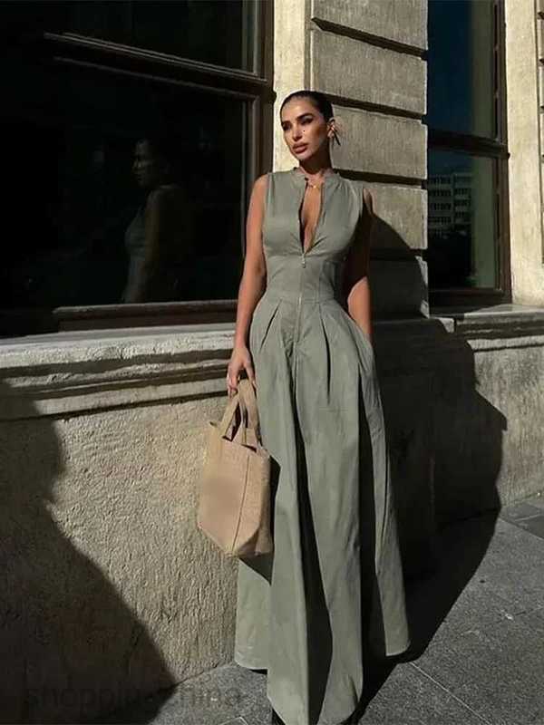 Basic Casual Dresses Fashion Sleeveless Spliced Zipper Maxi Dress Elegant V-neck High Waist Slim Pleated Long Dresses Summer Office Lady Street Robes