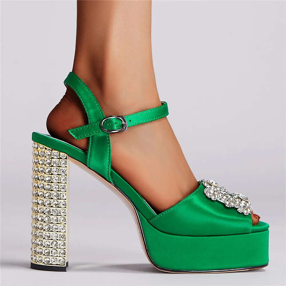 Summer New Crystal Women's Shoes Fashion Thick High Heels Fish Mouth Sexy Large Size Dress Sandals