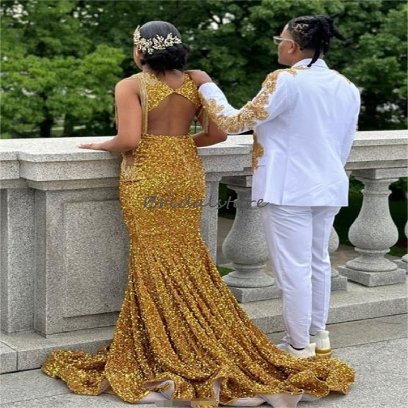 Sparkly Nigeria Gold Prom Dresses For Black Girls Sequin Open Back Mermaid African Evening Dress Beaded Birthday Party Gown 2024 Tassel Formal Occasio