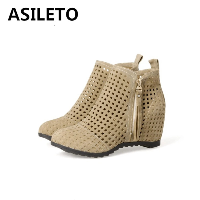 ASILETO Womens Summer Boots Flat Low Hidden Wedges Cutout Boots Ladies Dress Casual Shoes Cute Flock 34-43 240619