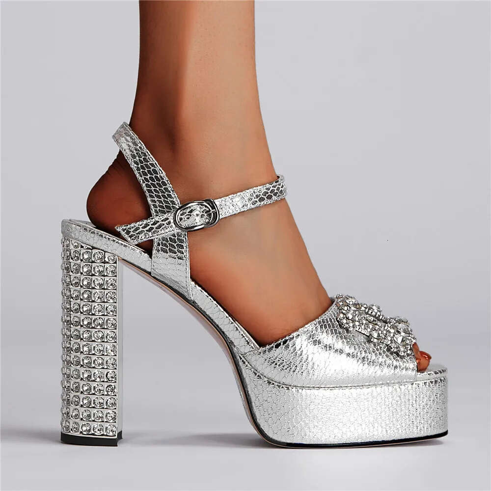 Summer New Crystal Women's Shoes Fashion Thick High Heels Fish Mouth Sexy Large Size Dress Sandals