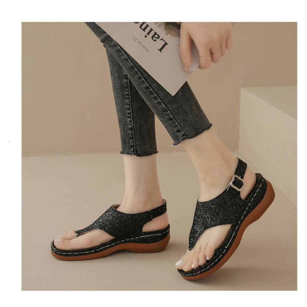 Size For Large Women S Fashion Sequin Clip Toe Buckle With Herringbone Flat Sole Sandals Ddmysaturn