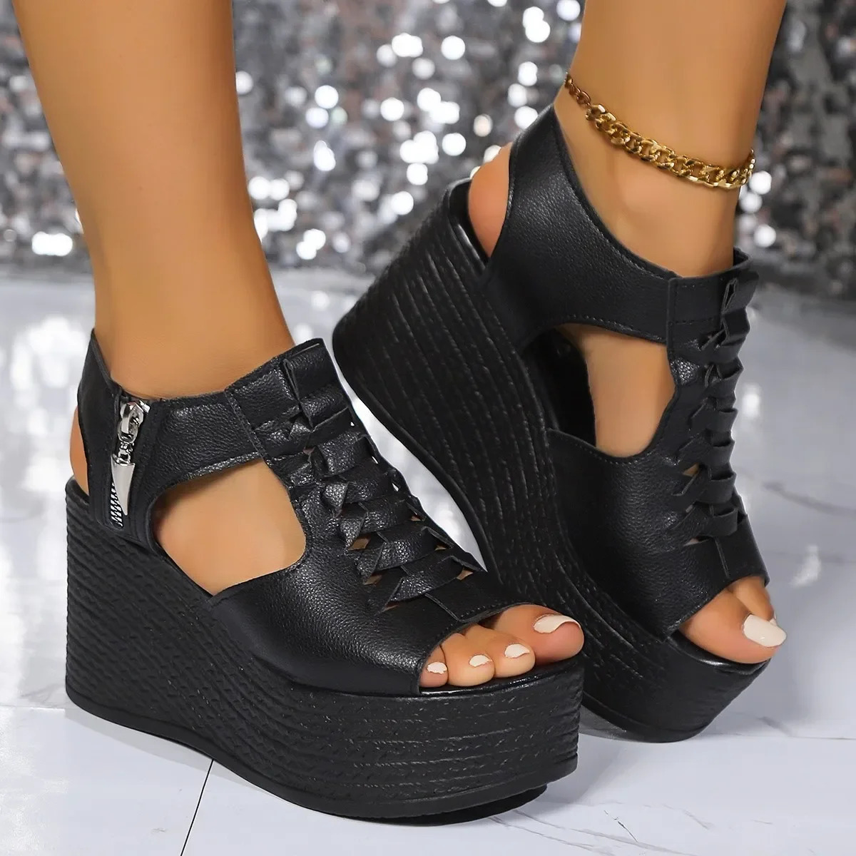 Black Platform Sandals High Heels 2024 Womens Open Toe Clog Wedge Large Size Muffin Solid Color Fashion Simple Basic Style 240619