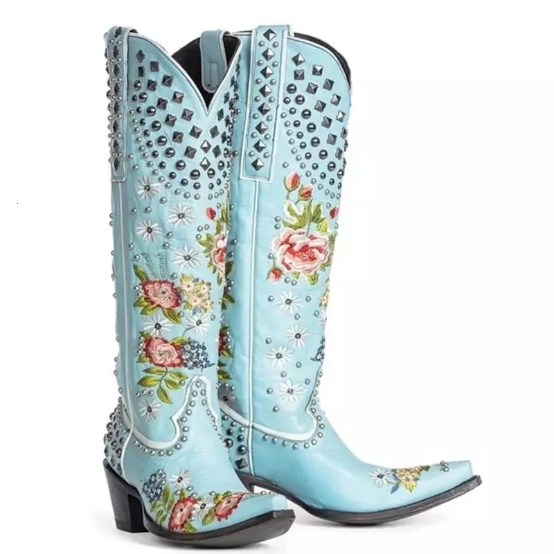 Western Rivet Boots for Women - hot Embroidered Pointed Toe Square Heels 2024