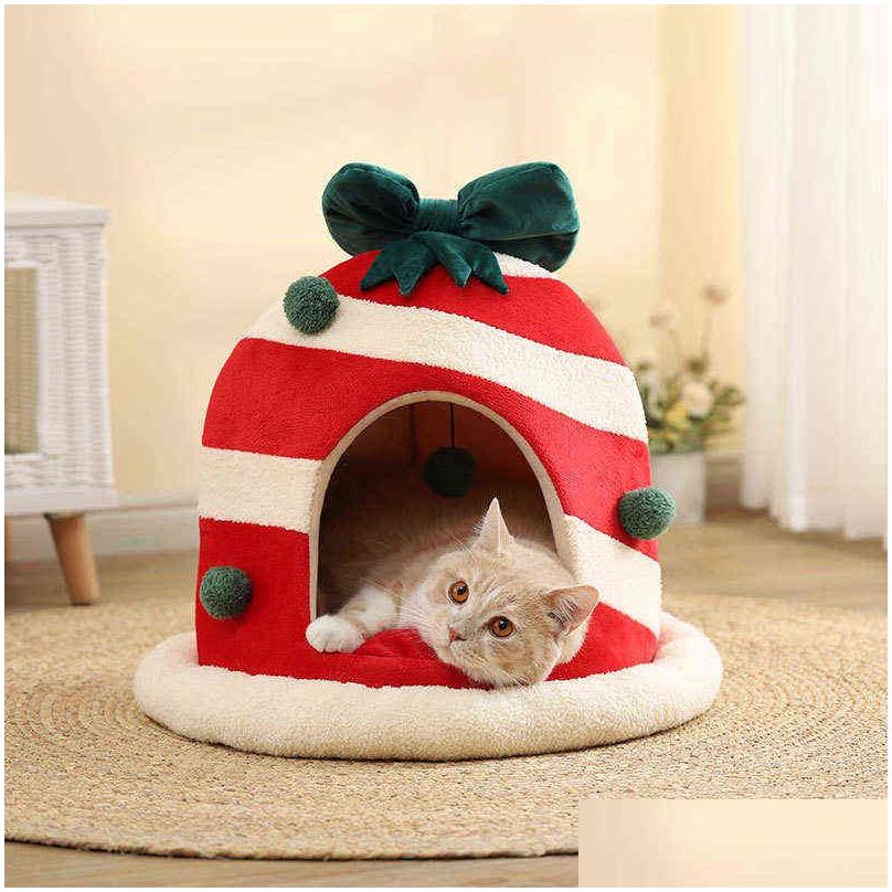 Dog Houses Kennels Accessories Christmas Cat House Kennel Puppy Cushion Small Dogs Cats Nest Winter Warm Slee Pet Bed Mat Supplies Dhwgz