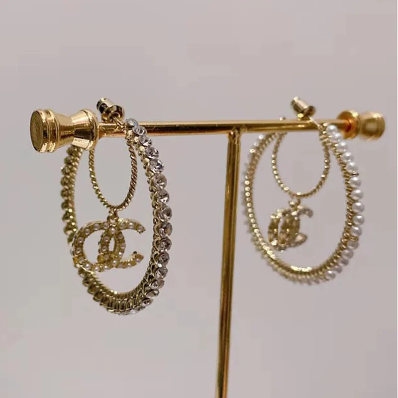 Designer Gold Silver Stud Earrings for Women Fashion Brand Double Letter Geometric Big Annulus Earrings Inlay Crystal Rhinestone Eardrop Wedding Jewelry Gift