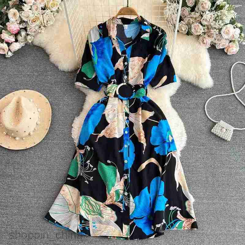 Basic Casual Dresses YuooMuoo Women Dress Fashion Print Floral A-line Shirt Dress Elegant Vintage Lady Summer Dress with Belt Casual Vestidos