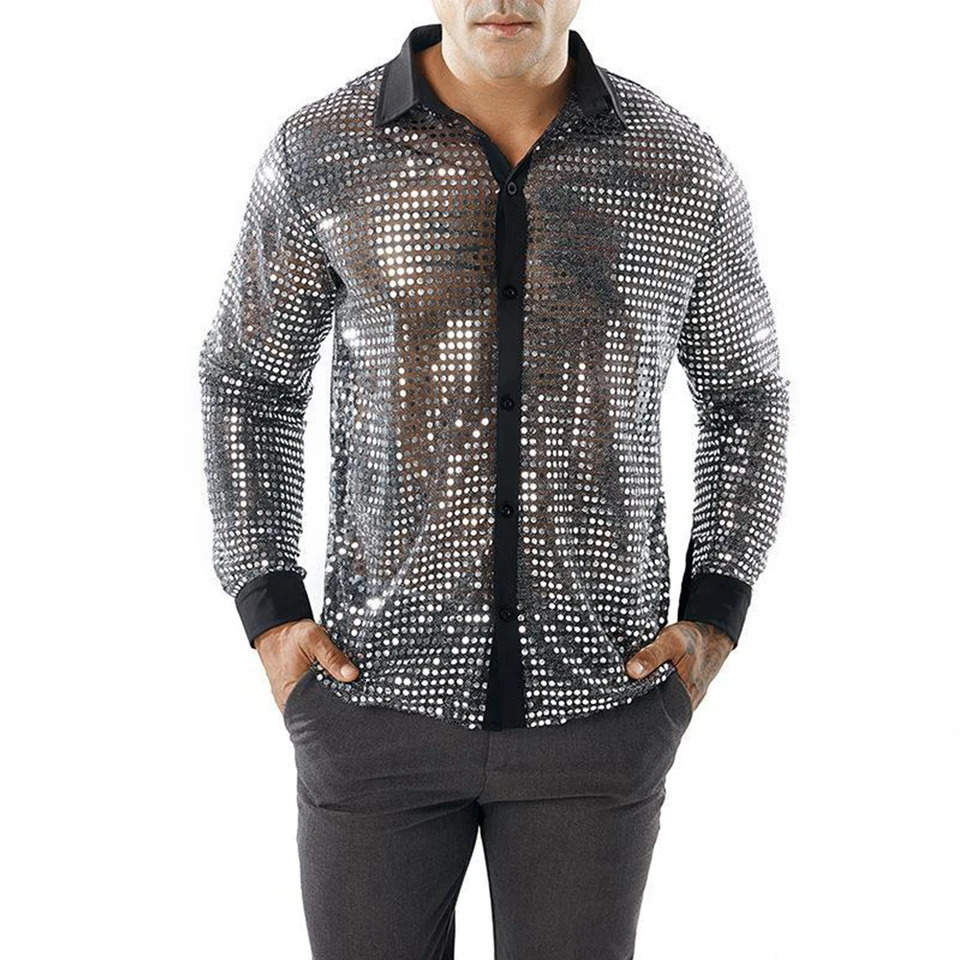 Fashion Mens Sparkly Sequins Party Dance Shirts Retro 70s Disco Nightclub Shirt Tops Single Breasted Performance Clothing 240615