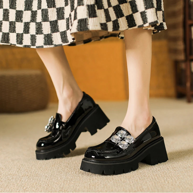 Rhinestone Platform Mary Jane Shoes Women Pumps Black Thick Bottom Loafers JK Uniforms Fashion Crystal Chunky Loafers Female 240619