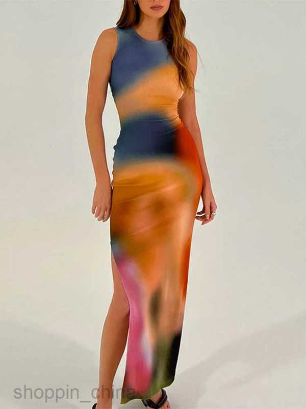Casual Dresses Hugcitar Tie Dye Print Ribbed Midi Dress For Women Summer Outfits Bodycon Side Slit Y2K Outfits Sexy Streetwear Long Dress