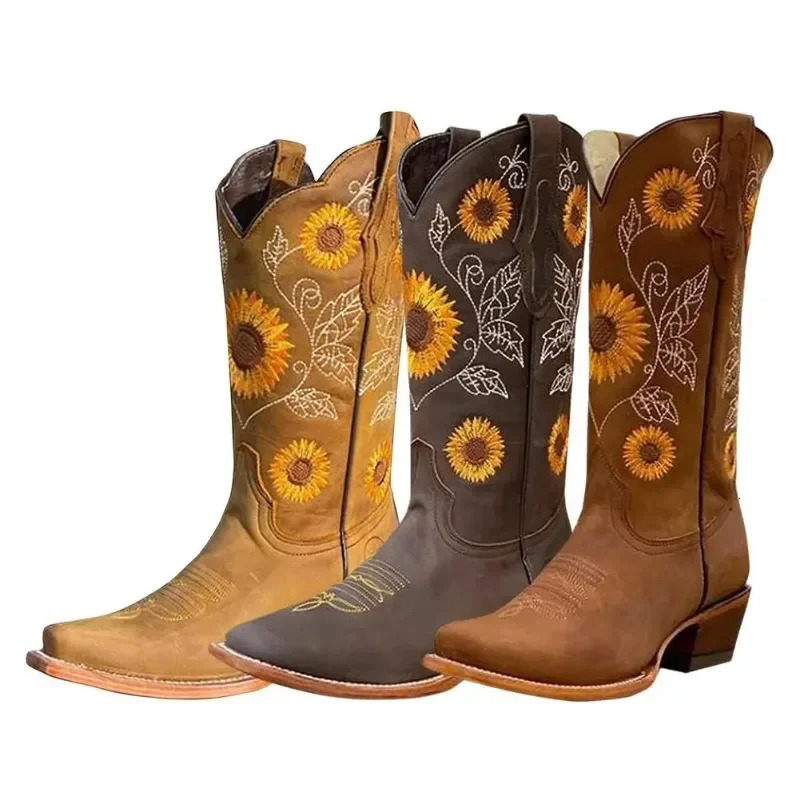 Women Coffee Brown Embroidery Boots PU Leather Printed Western Cowboy Boots Deep V-mouth High Tube Casual Boots Classic 240619