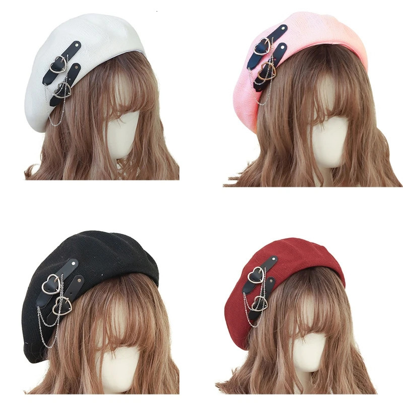 Lolita Girls Heart Buckle Beanie JK Hat Sweet Cool Hair Accessories Fashion Beret Breathable Preppy Style 240603
