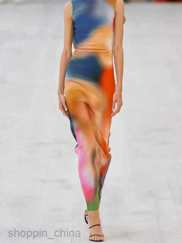 Casual Dresses Hugcitar Tie Dye Print Ribbed Midi Dress For Women Summer Outfits Bodycon Side Slit Y2K Outfits Sexy Streetwear Long Dress