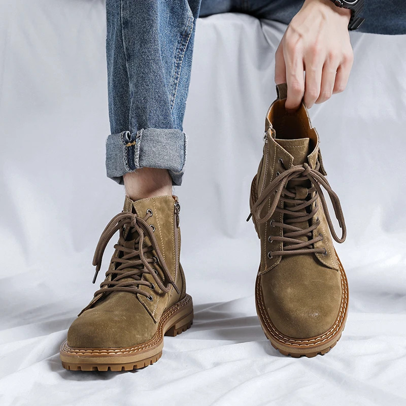 Shoes for Men Casual Round Toe Work Boots Men's Boots High Top Boots Leather Solid Color Male Ankle Boots 240619