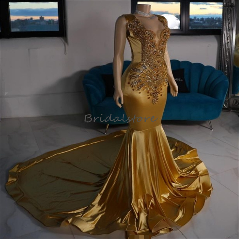 African Nigeria Gold Prom Dresses For Black Girls Elegant Diamond Beaded Crystal Mermaid Evening Dress Birthday Formal Party Dress Luxury Special Occa
