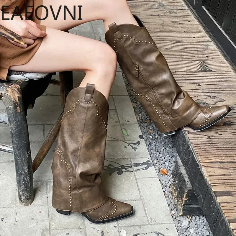 Slip On Woman Cowgirl Boots Fashion Ladies Elegant Square Low Heel Long Boots Shoes Womens Winter Footwear 240619