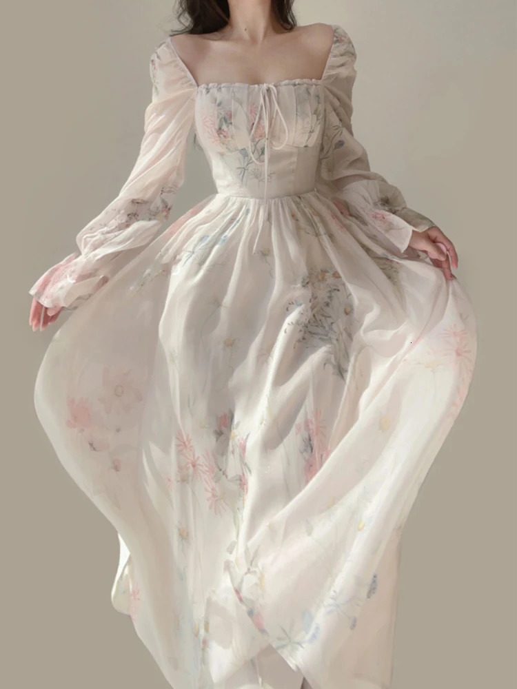 Summer Elegant Floral Fairy Dress Woman Beach Style Party Long Sleeve Midi Dress Fashion Female One Piece Dress Korean Boho 240618