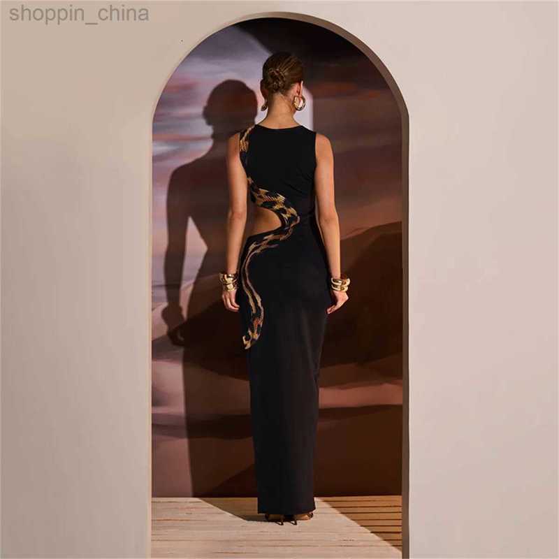 Basic Casual Dresses Black Printed Hollow Out Long Dress Women's Sexy O Neck Sleeveless High Split Slim Robes Lady Party Night Gowns