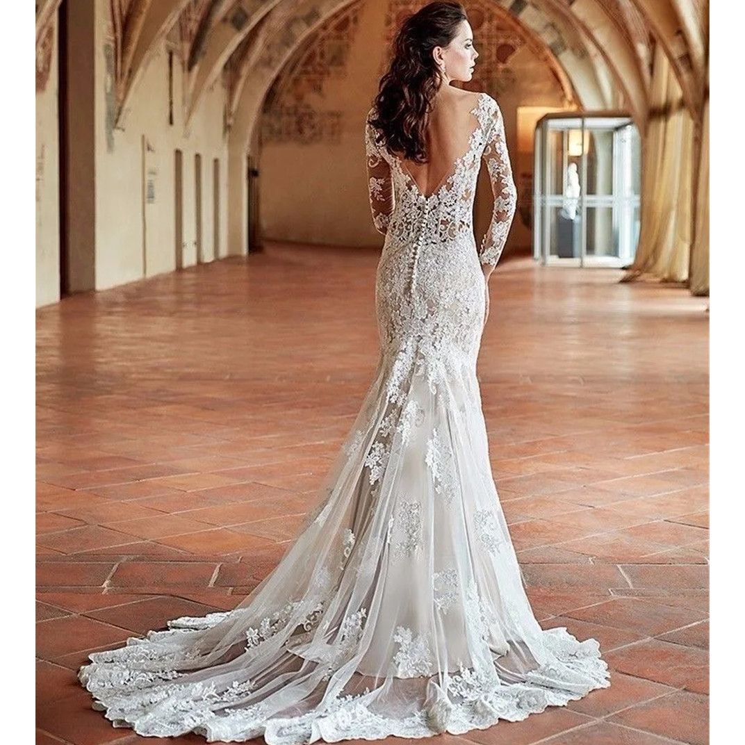 Custom Made Arabic Aso Ebi White Mermaid Wedding Dress V Neck Lace Appliques Sexy Stunning Long Sleeves Bridal Gowns 2024 Custom made