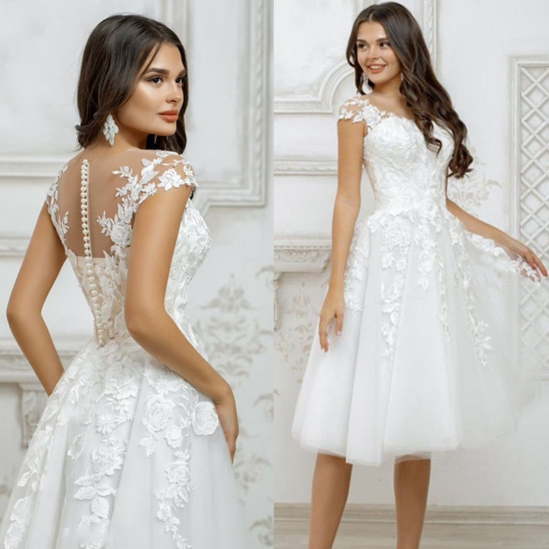 2024 Knee Length A-Line Wedding Dresses Lace Appliques Capped Sleeves Garden Short Bridal Gowns Ivory Tulle Simple Bride Dress Summer Beach Boho Vesti