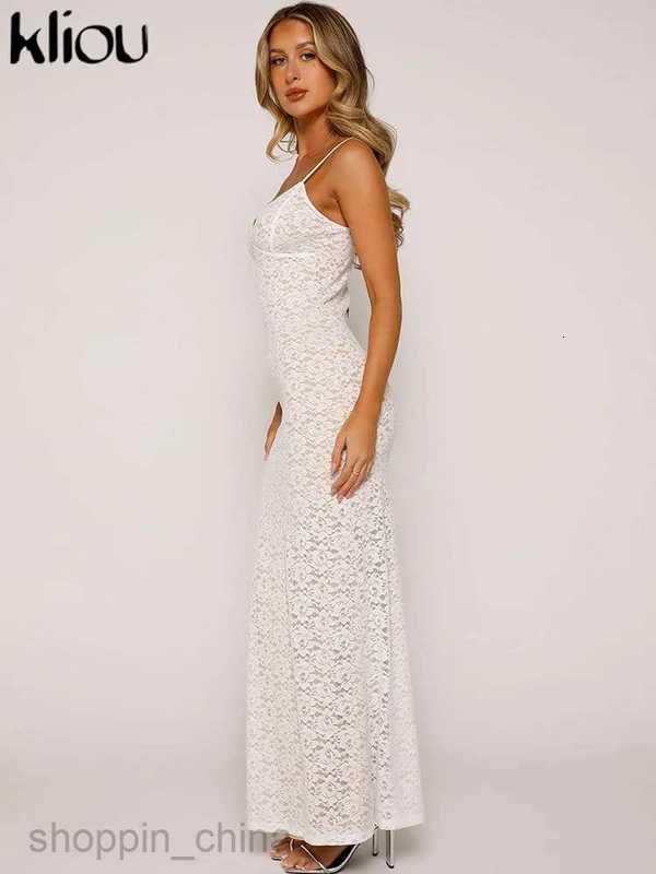 Basic Casual Dresses Kliou Mesh Hollow Out Maxi Dress Women Hipster Elegant Strap Body-shaping Trend Robe Female High Street Party Vestido