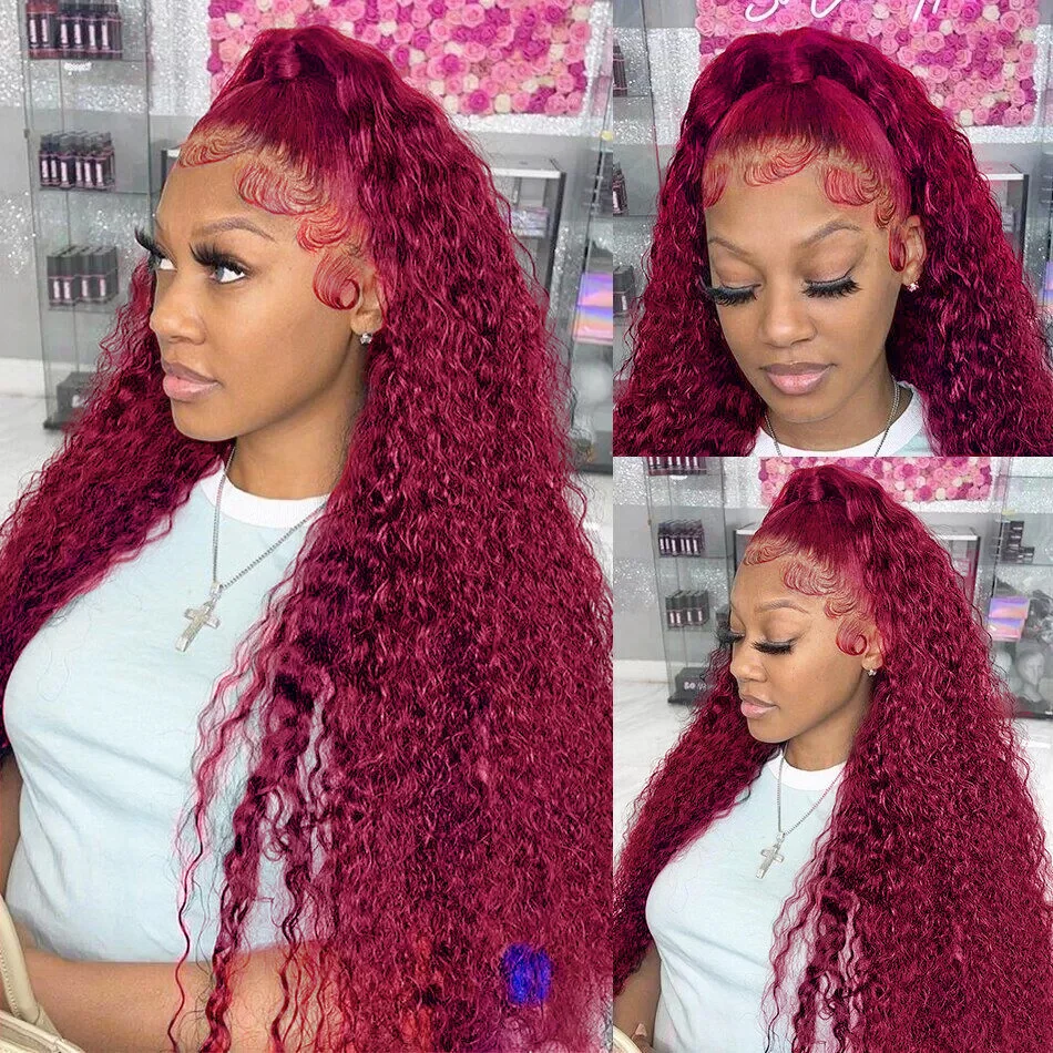 13x4 HD Brazilian 99J Bury Deep Wave Front Human Hair 250 Density Curly 30 40 Inch Synthetic Lace Frontal Wig Red Wine for Women