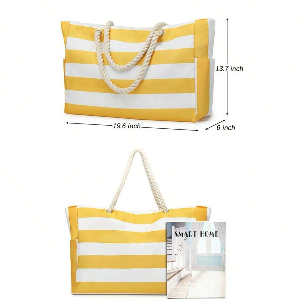 Striped Canvas Summer Beach Large Capacity Shopping Bag, Fashion Tote Bag For Travel,Ideal for Beach, Travel, & Camping H6.19#21.9 ddmy e2c0